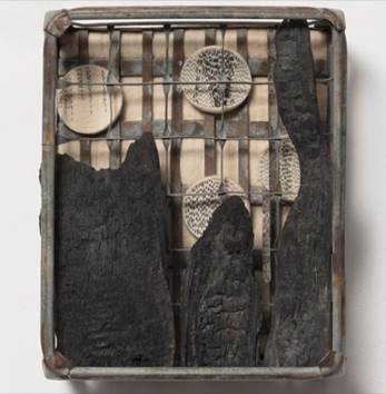 A metal box with pieces of wood

Description automatically generated