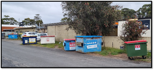 A blue and red dumpsters next to a road

AI-generated content may be incorrect.